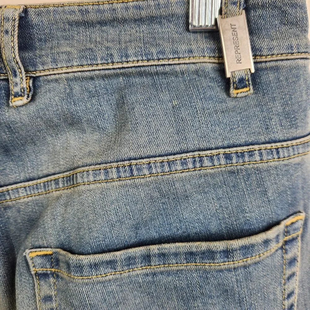 Represent Mens Underwork Denim Light Indigo Distressed Skinny Jeans 34